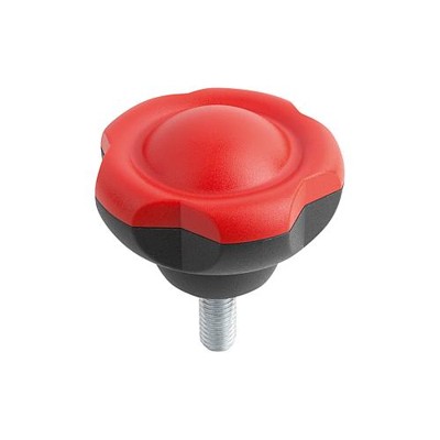 KIPP - FÜNFSTERNGRIFF D1=63 D=M10X35 H=44, FORM:L, THERMOPLAST SCHWARZGRAU RAL7021, KOMP:STAHL, DECKEL:ROT RAL3020